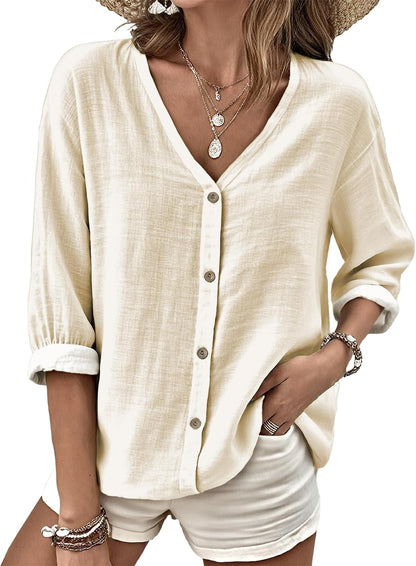 MARSVOVO V Neck Shirts for Women Lightweight Decorative Button 3/4 Sleeve Blouses Comfy Casual Business Flowy Top