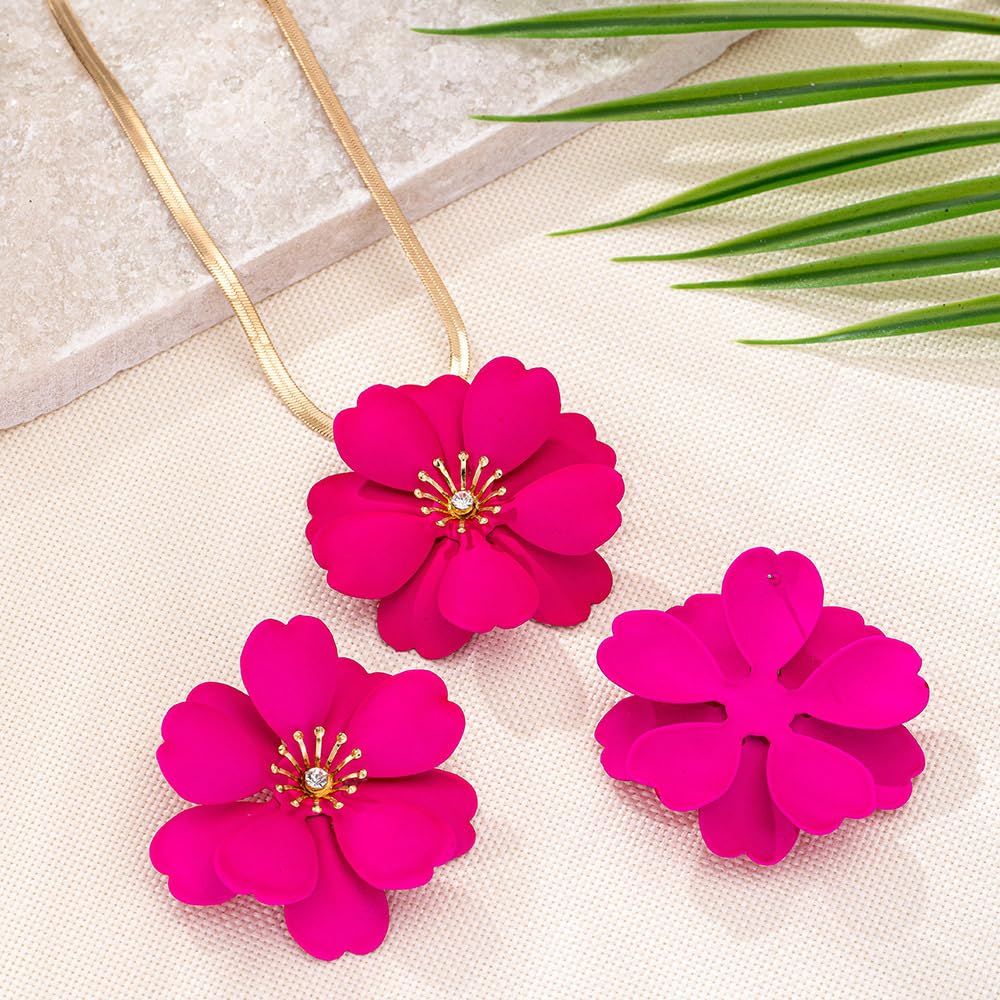 Vintage Flower Necklace Earring Set Gold Snake Chain Necklace Bohemian Red Flowers Choker Necklaces Hypoallergenic Statement Flower Stud Earrings Elegant Bridal Wedding Summer Beach Jewelry