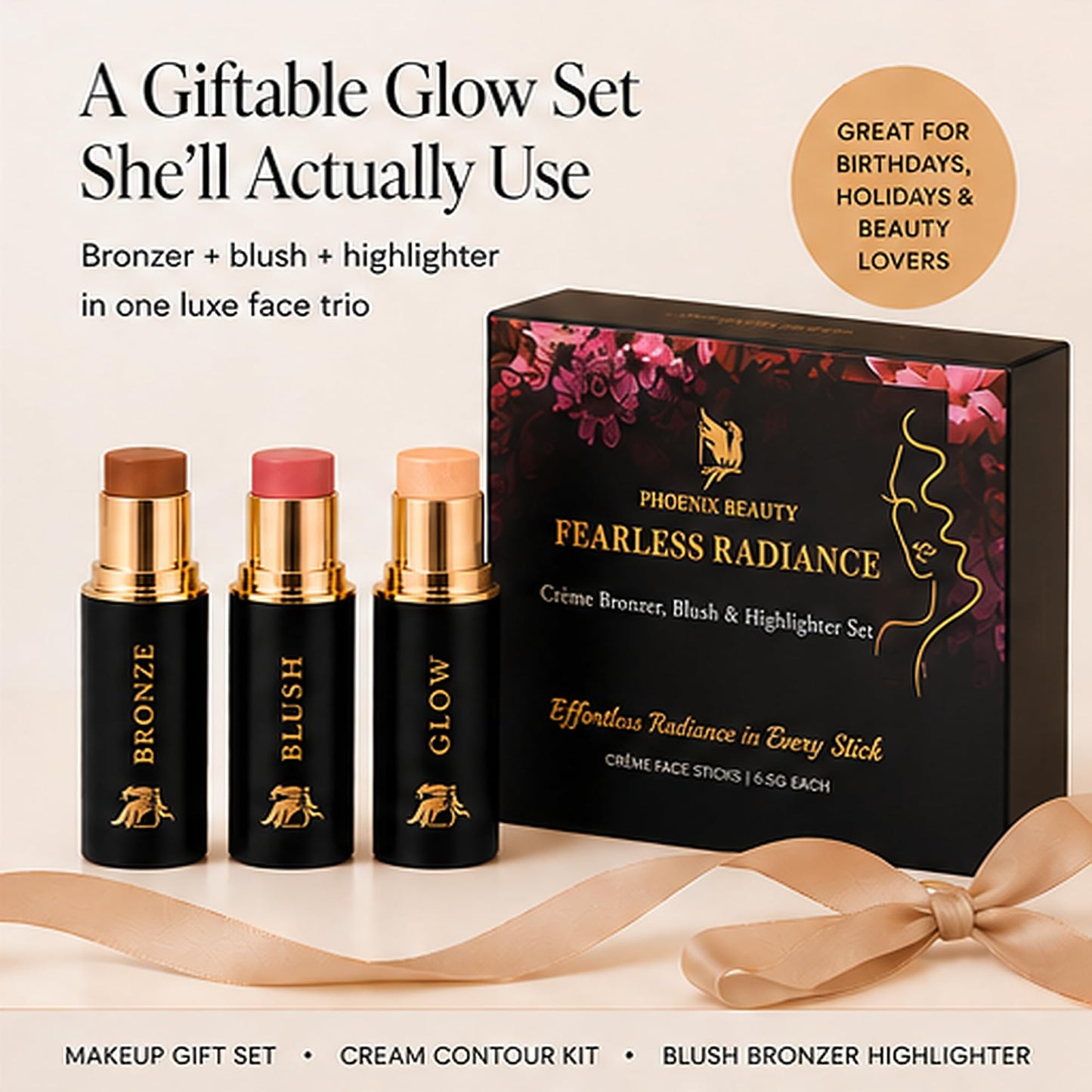 Cream Contour Stick Set – Blush, Bronzer & Highlighter Trio | Hydrating, Buildable, High-Pigment Makeup with Shea Butter & Vitamin E | Phoenix Beauty Gift Set (Enchanted)