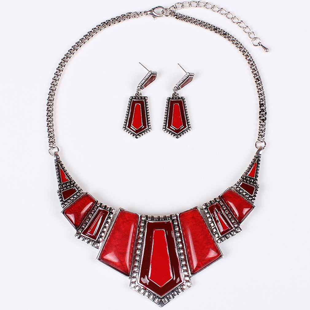 YAZILIND Vintage Ethnic Tibetan Silver Irregular Rhinestone Bib Collar Earrings Necklace Jewelry Set
