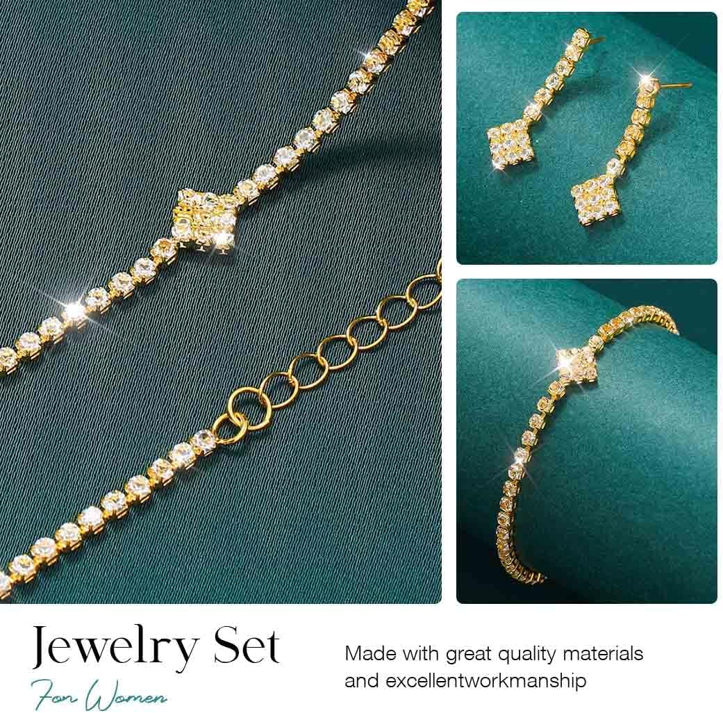 Aukmla Rhinestones Bridal Wedding Jewelry Sets Sparkly Necklace Earrings Bracelet Set Prom Formal Jewelry for Brides and Women