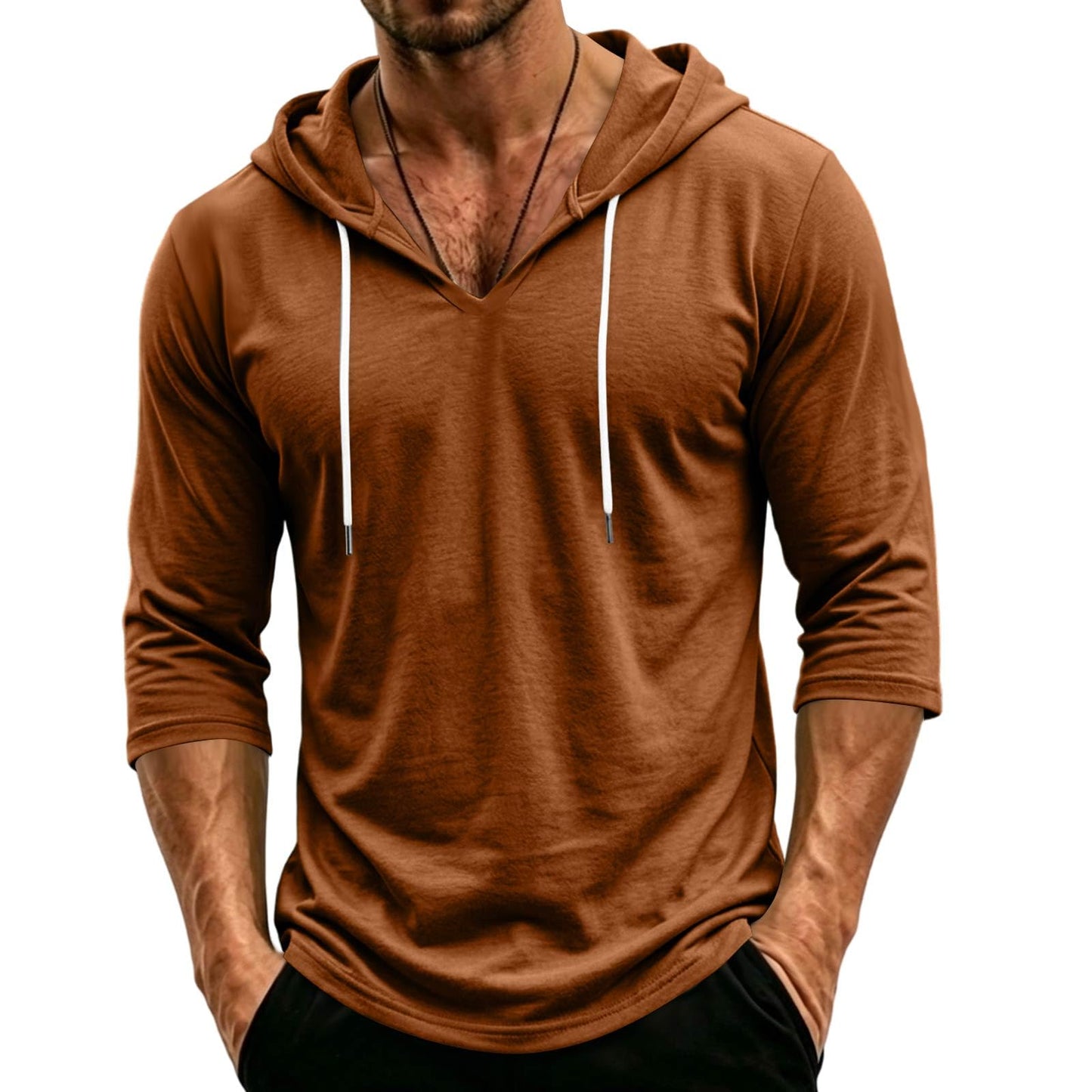 Mens Hooded 3/4 Sleeve Pullover Relaxed Fit Casual Lightweight Comfort Top