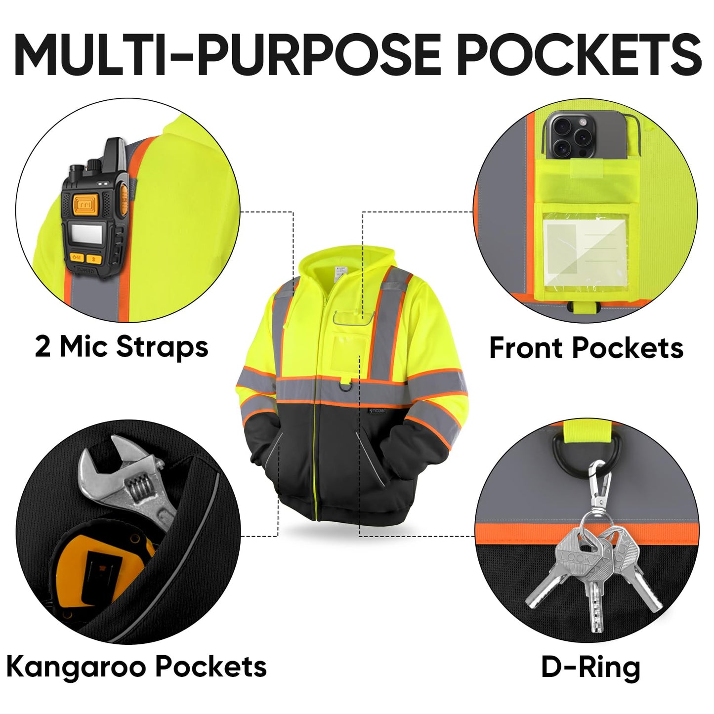 TICONN Safety Hoodie Jacket, High Vis Reflective Safety Fleece Hoodie, PPE Gear for Cold Weather Meet ANSI III