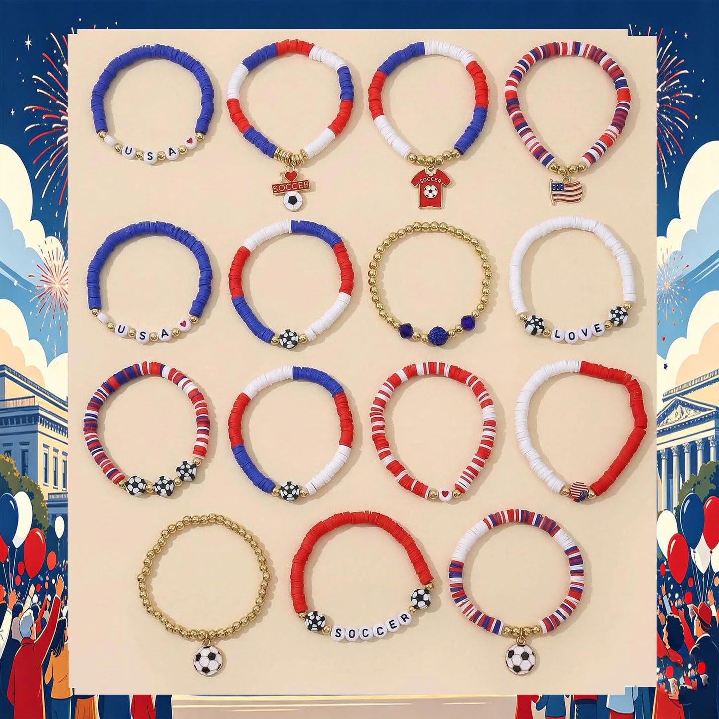 Spiritlele 12pcs World Cup Bracelets Set Red White Blue Clay Bead Wristband Stackable USA Soccer Charm Stretch Bracelet For Women Football Sports Fans Jewelry Gift