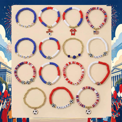 Spiritlele 12pcs World Cup Bracelets Set Red White Blue Clay Bead Wristband Stackable USA Soccer Charm Stretch Bracelet For Women Football Sports Fans Jewelry Gift