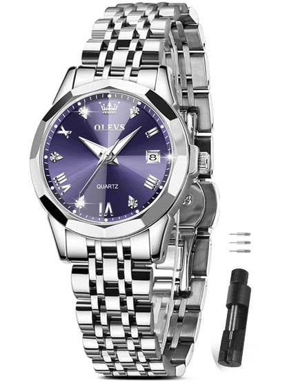 OLEVS Watches Women with Date Silver Stainless Steel Luxury Ladies Watches with Small Writs Diamond Watches for Women Waterproof Elegant Dress Quartz Analog Women's Wrist Watches Reloj de Mujer