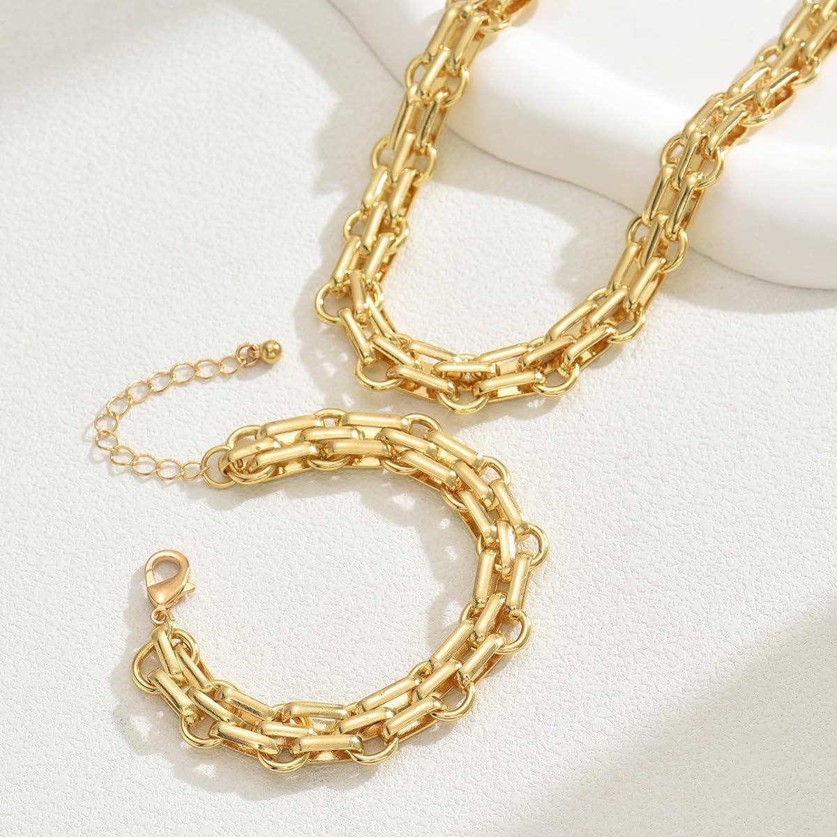 Gold Chunky Chain Necklace Bracelet Set for Women, Thick Link Chain Jewelry Set, Layered Statement Necklace, Adjustable Bracelet, Trendy Minimalist Fashion Accessories Gift