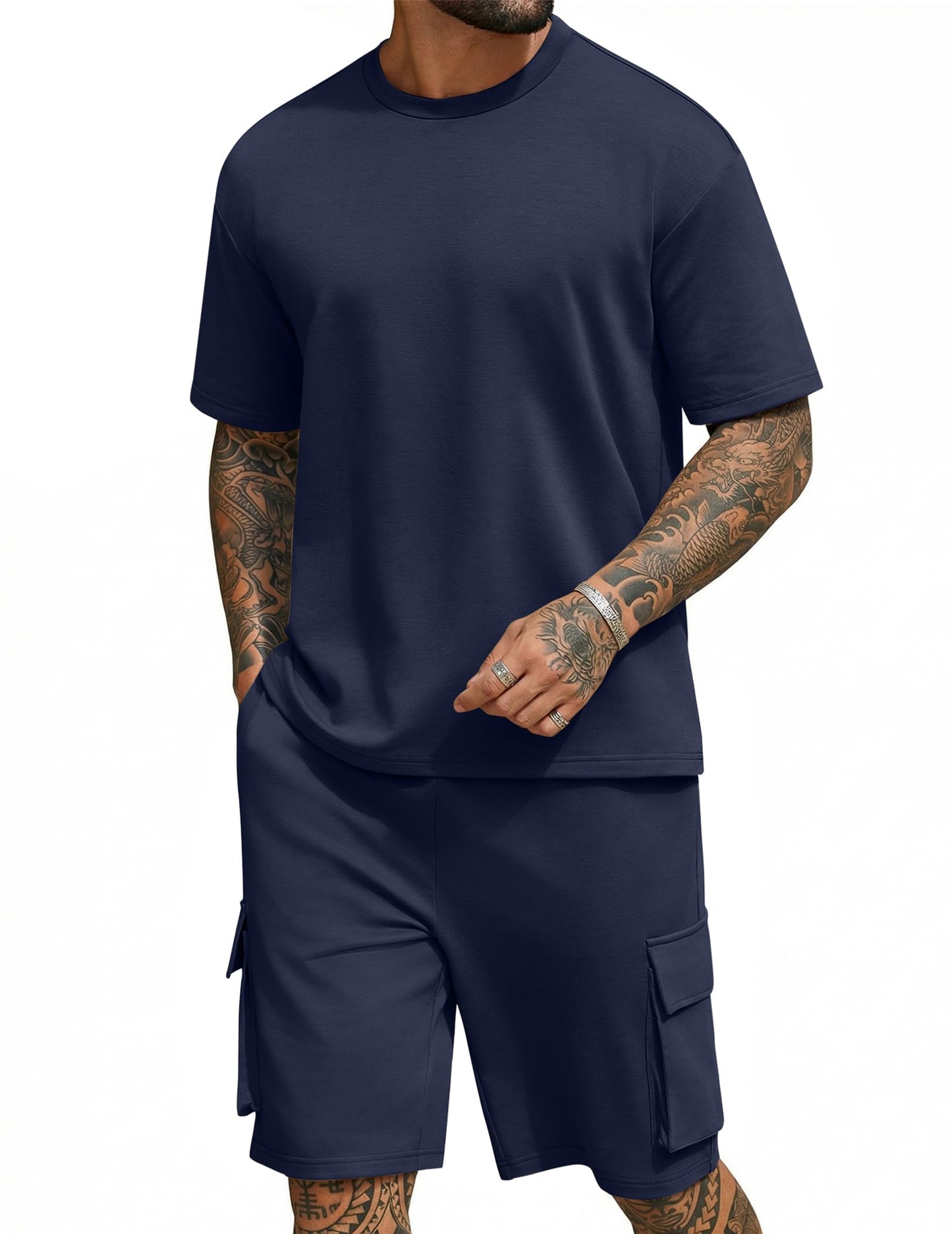 COOFANDY Men's Shirt and Shorts Set 2 Piece Fashion Summer Tracksuits Cotton Oversized T-Shirts Cargo Shorts Outfits