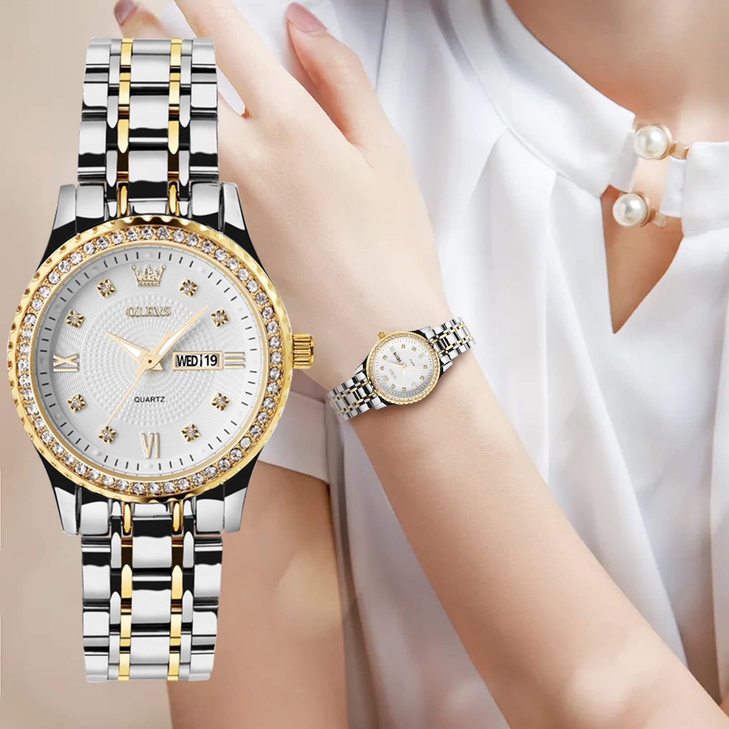 OLEVS Watches Women with Date Silver Stainless Steel Luxury Ladies Watches with Small Writs Diamond Watches for Women Waterproof Elegant Dress Quartz Analog Women's Wrist Watches Reloj de Mujer