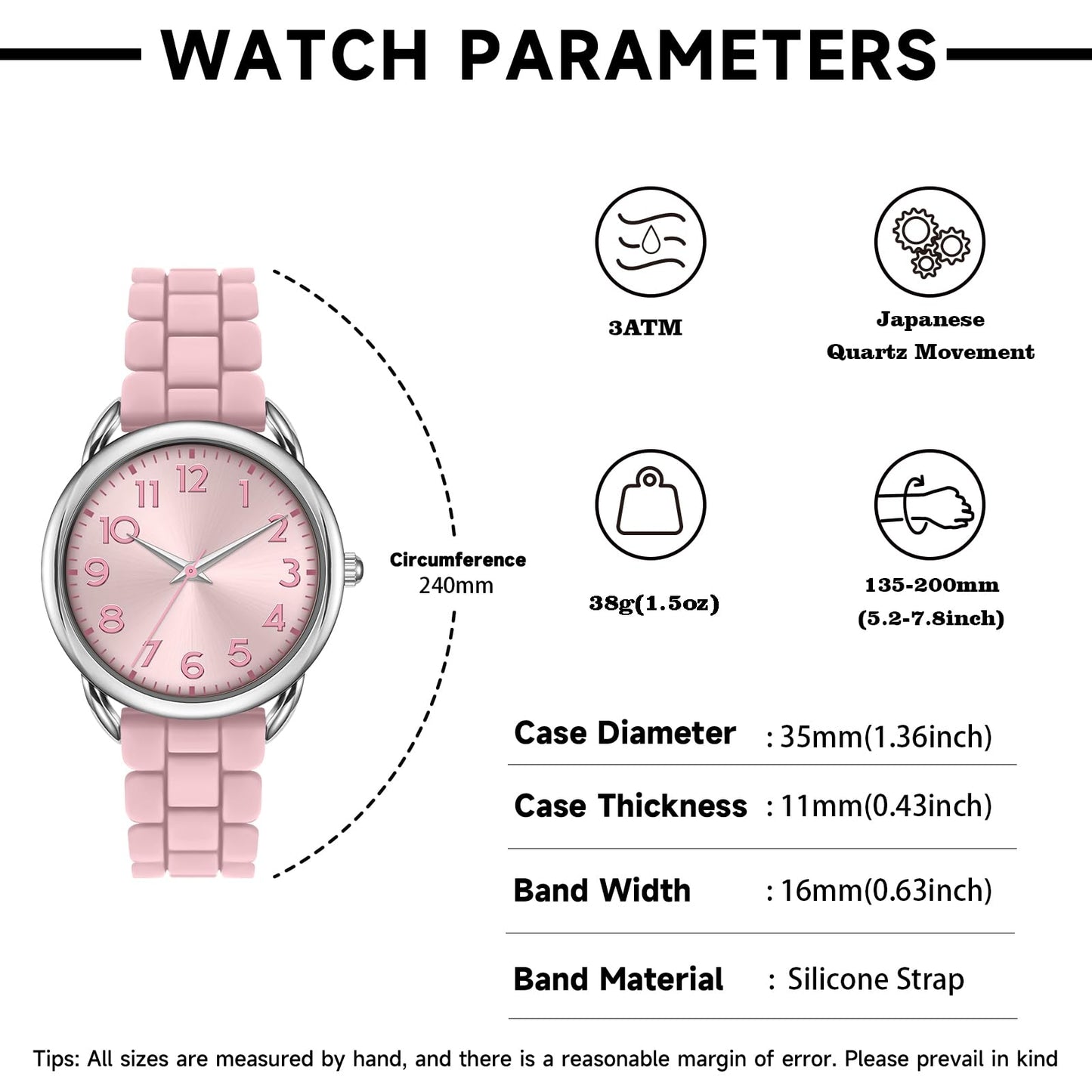Bisley 35MM Watches for Women Big Face Easy Reader Silicone Strap Water Proof