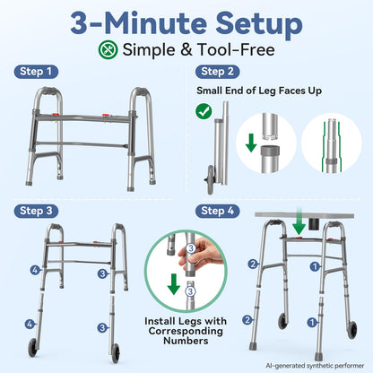 Loyoda Folding Walker with 2 Skis and 5" Wheels, Lightweight Walkers for Seniors and Adults, Supports Up to 350 Pounds, Adjustable Height, Compact Standard Walker, Black