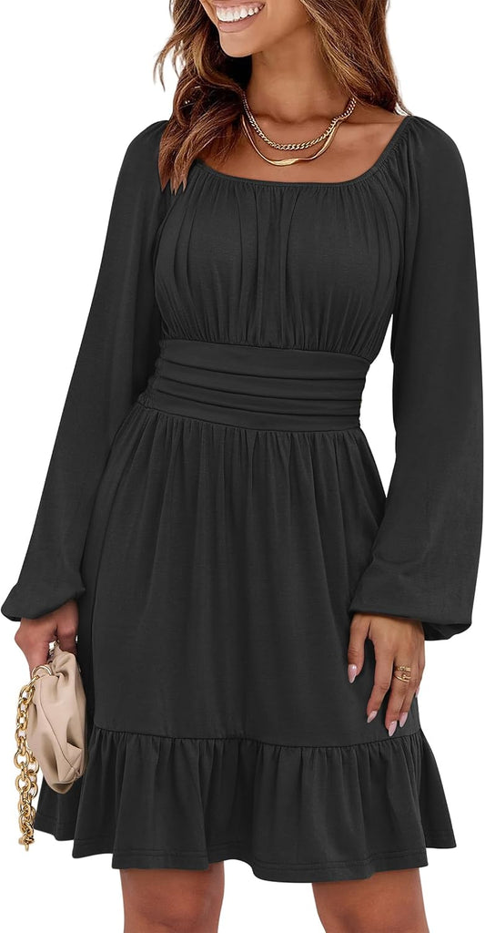 ANRABESS Womens Dress Long Lantern Sleeve Square Neck Elastic Waist Ruffle Flowy Swing A-Line Short Dresses 2026 Fall Fashion