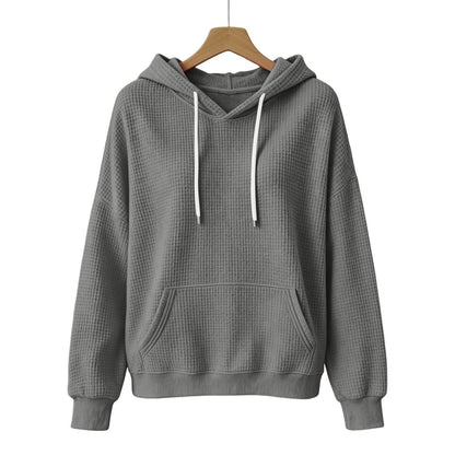 Women Casual Waffle Grid Textured Pullover Hoodie Contrast Drawstring Pocket Loose Long Sleeve Sweatshirts