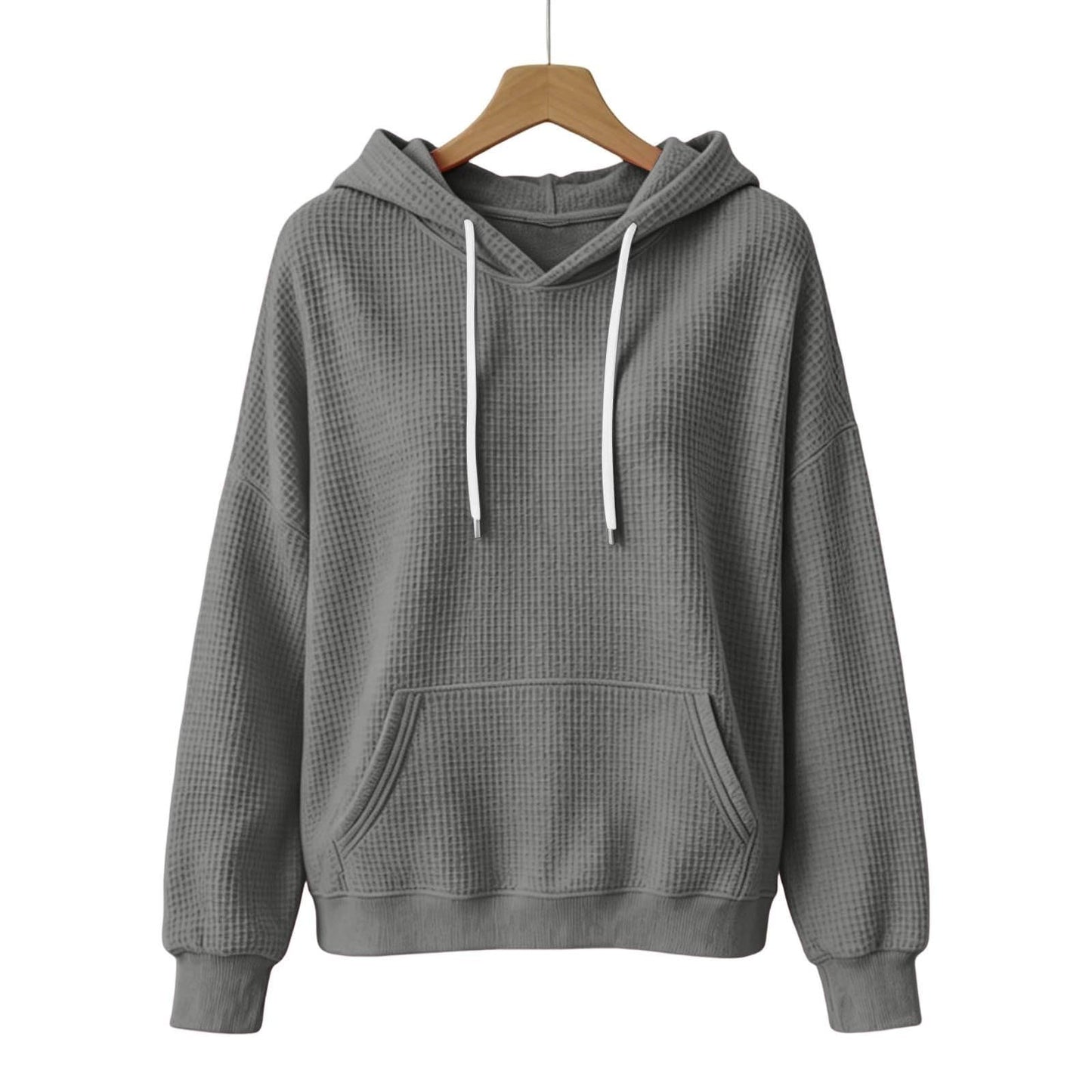 Women Casual Waffle Grid Textured Pullover Hoodie Contrast Drawstring Pocket Loose Long Sleeve Sweatshirts