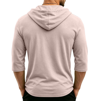 Mens Hooded 3/4 Sleeve Pullover Relaxed Fit Casual Lightweight Comfort Top