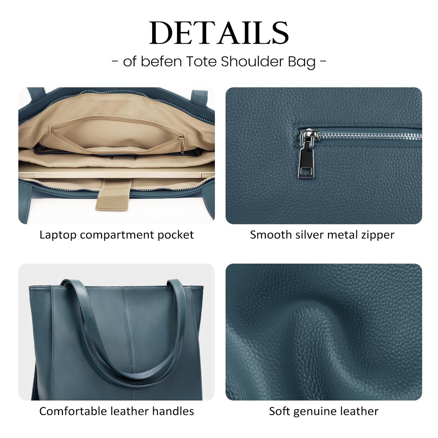 befen Genuine Leather Tote Bag for Women Work, Women's Leather Shoulder Bags Purses Satchel Handbags with Laptop Compartment
