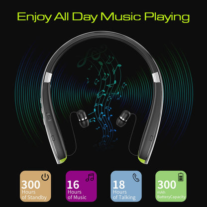 Bluetooth Headset, 2026 Upgraded Neckband Bluetooth Headphones with Retractable Earbuds, Noise Cancelling Stereo Earphones with Mic, Foldable Wireless Headphones for Sports Office w/Carry Case(Black)