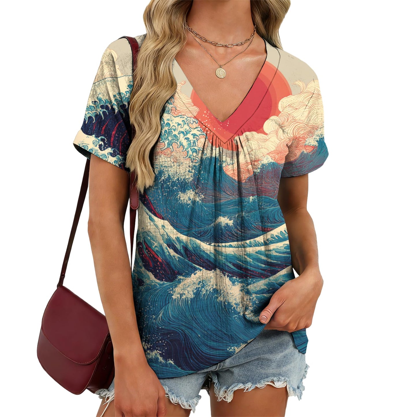 domirica Japanese Print Blouse Women V Neck Short Sleeve Lightweight Breathable Summer Casual Soft Comfy Tops 2026