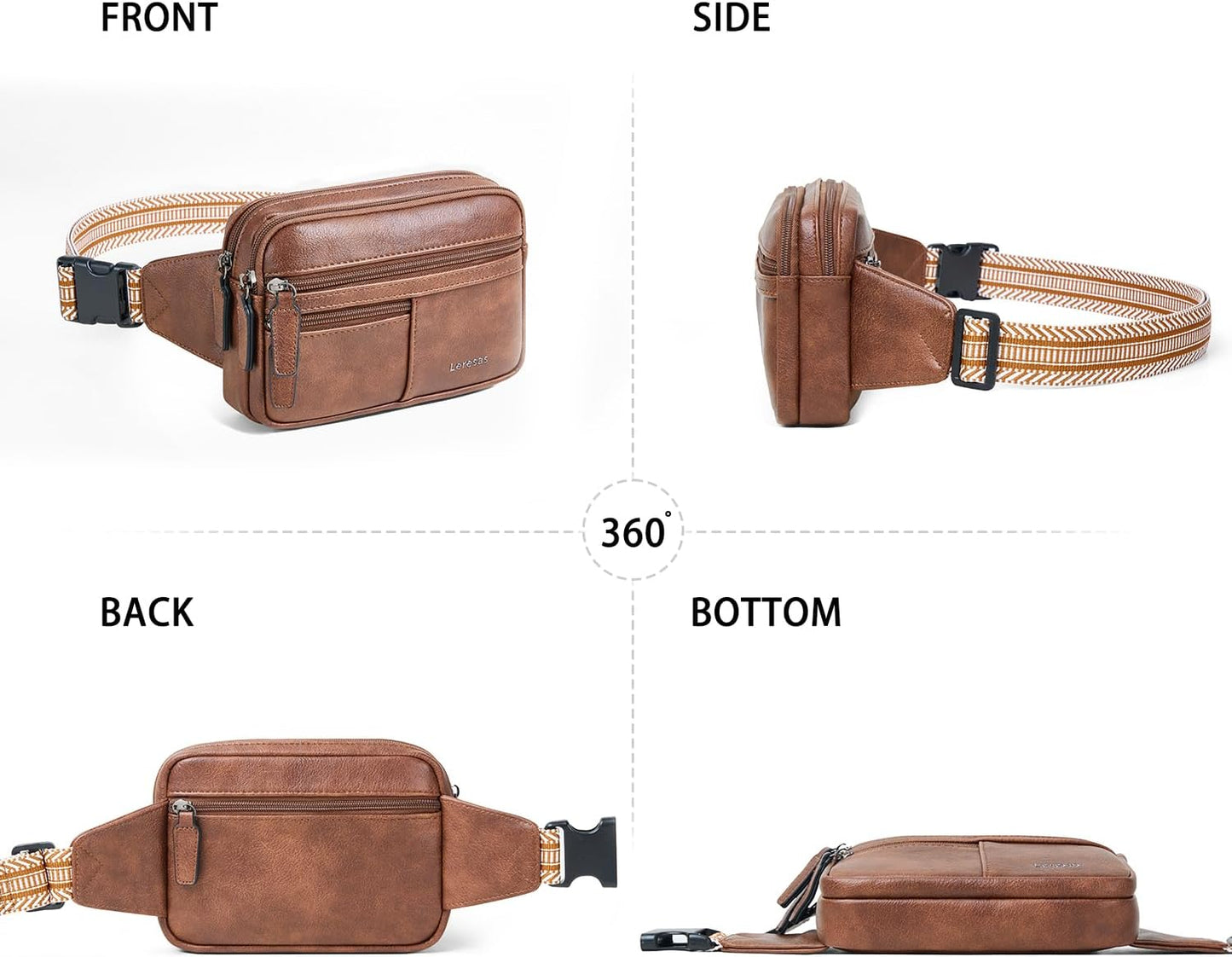 Leresas Fanny Packs for Women Vegan Leather Belt Bag Chic Cross Body Waist Pack Waist Purse for Travel Hiking Running Brown