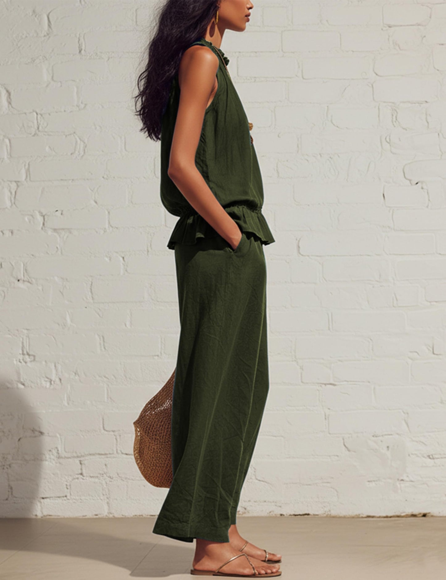 Tanming Women's Linen 2 Piece Outfits Sleeveless Ruffle Top Wide Leg Pants Summer Loungewear Beach Travel Sets
