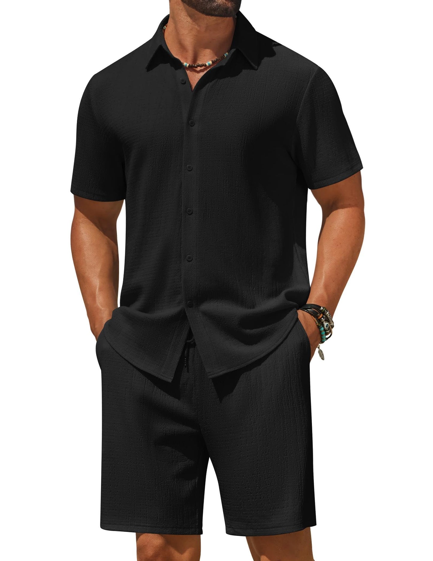 COOFANDY Men's 2 Piece Outfit Casual Short Sleeve Button Down Shirt and Beach Shorts Set Summer Vacation Outfits for Men