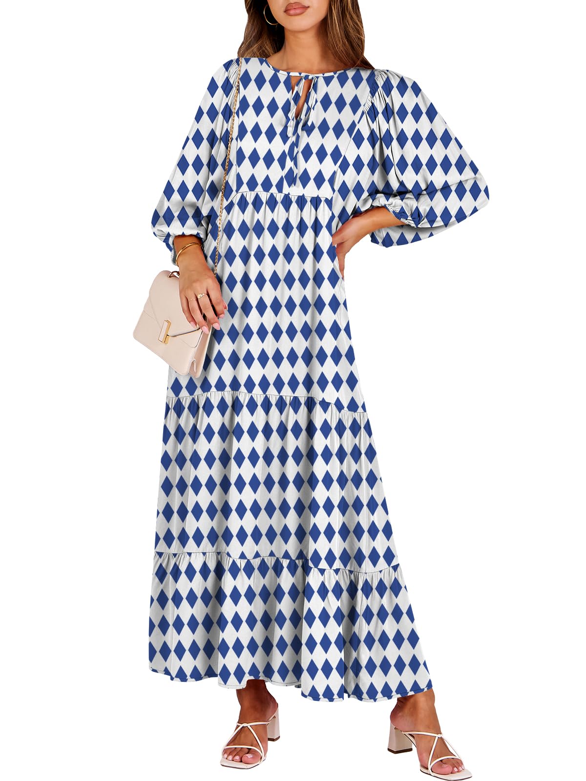ANRABESS Womens Boho Floral 3/4 Puff Sleeve Maxi Dress | Tiered Flowy Loose Fit, Comfy Soft Rayon Fabric, Wedding Guest Church Beach, Modest Elegant, Spring Summer Fall Outfits