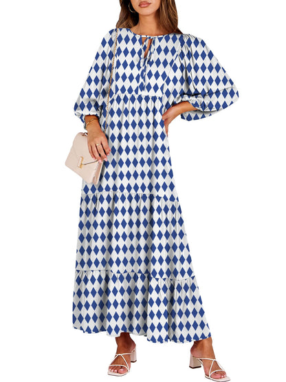 ANRABESS Womens Boho Floral 3/4 Puff Sleeve Maxi Dress | Tiered Flowy Loose Fit, Comfy Soft Rayon Fabric, Wedding Guest Church Beach, Modest Elegant, Spring Summer Fall Outfits