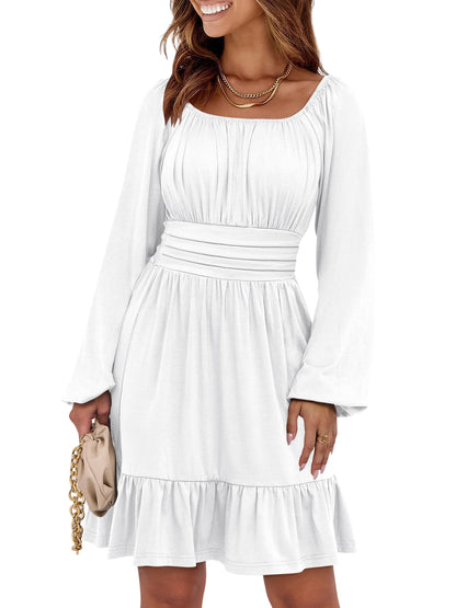ANRABESS Womens Dress Long Lantern Sleeve Square Neck Elastic Waist Ruffle Flowy Swing A-Line Short Dresses 2026 Fall Fashion