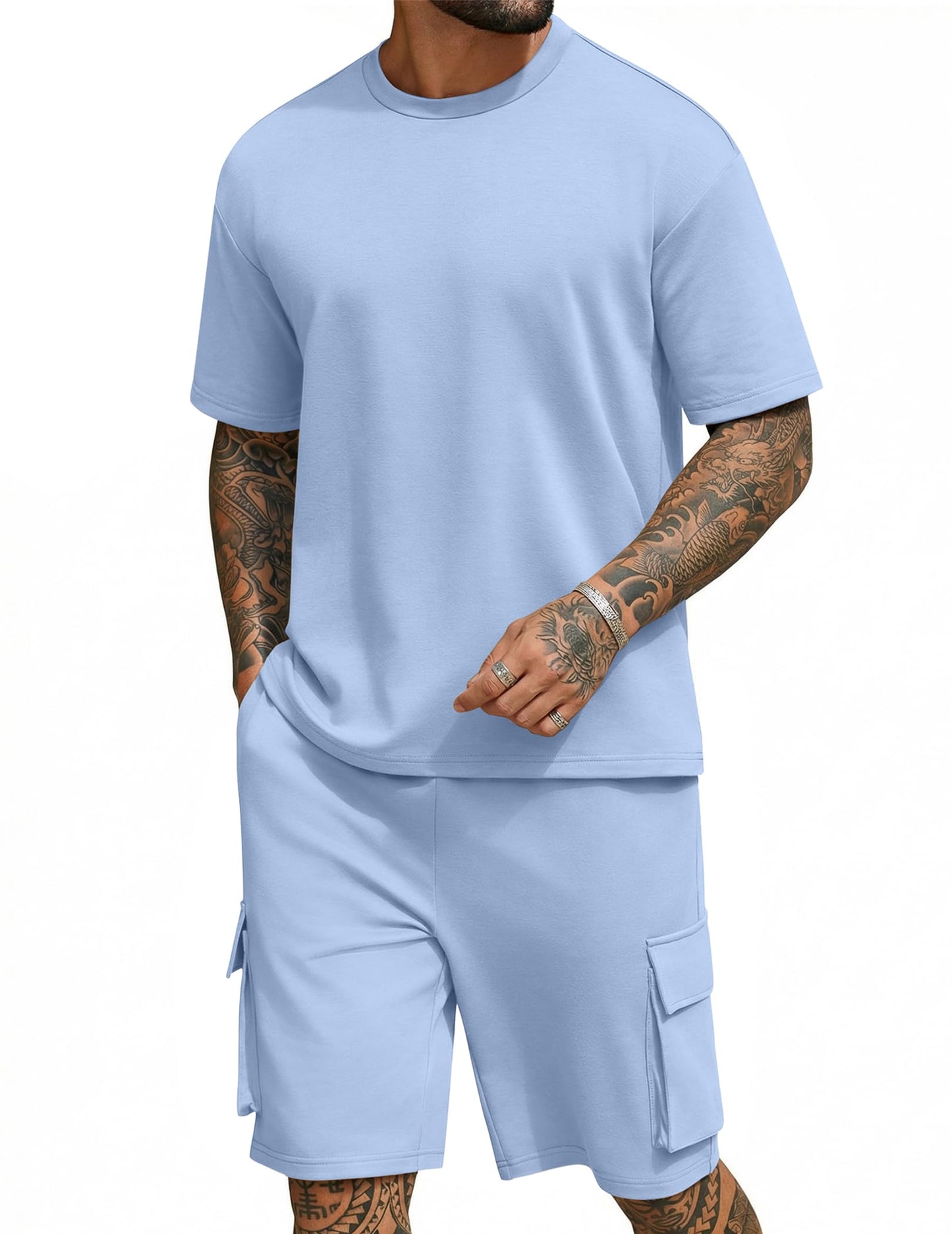 COOFANDY Men's Shirt and Shorts Set 2 Piece Fashion Summer Tracksuits Cotton Oversized T-Shirts Cargo Shorts Outfits
