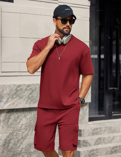 COOFANDY Men's Shirt and Shorts Set 2 Piece Fashion Summer Tracksuits Cotton Oversized T-Shirts Cargo Shorts Outfits