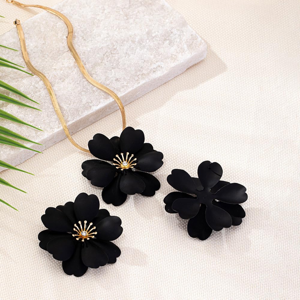 Vintage Flower Necklace Earring Set Gold Snake Chain Necklace Bohemian Red Flowers Choker Necklaces Hypoallergenic Statement Flower Stud Earrings Elegant Bridal Wedding Summer Beach Jewelry
