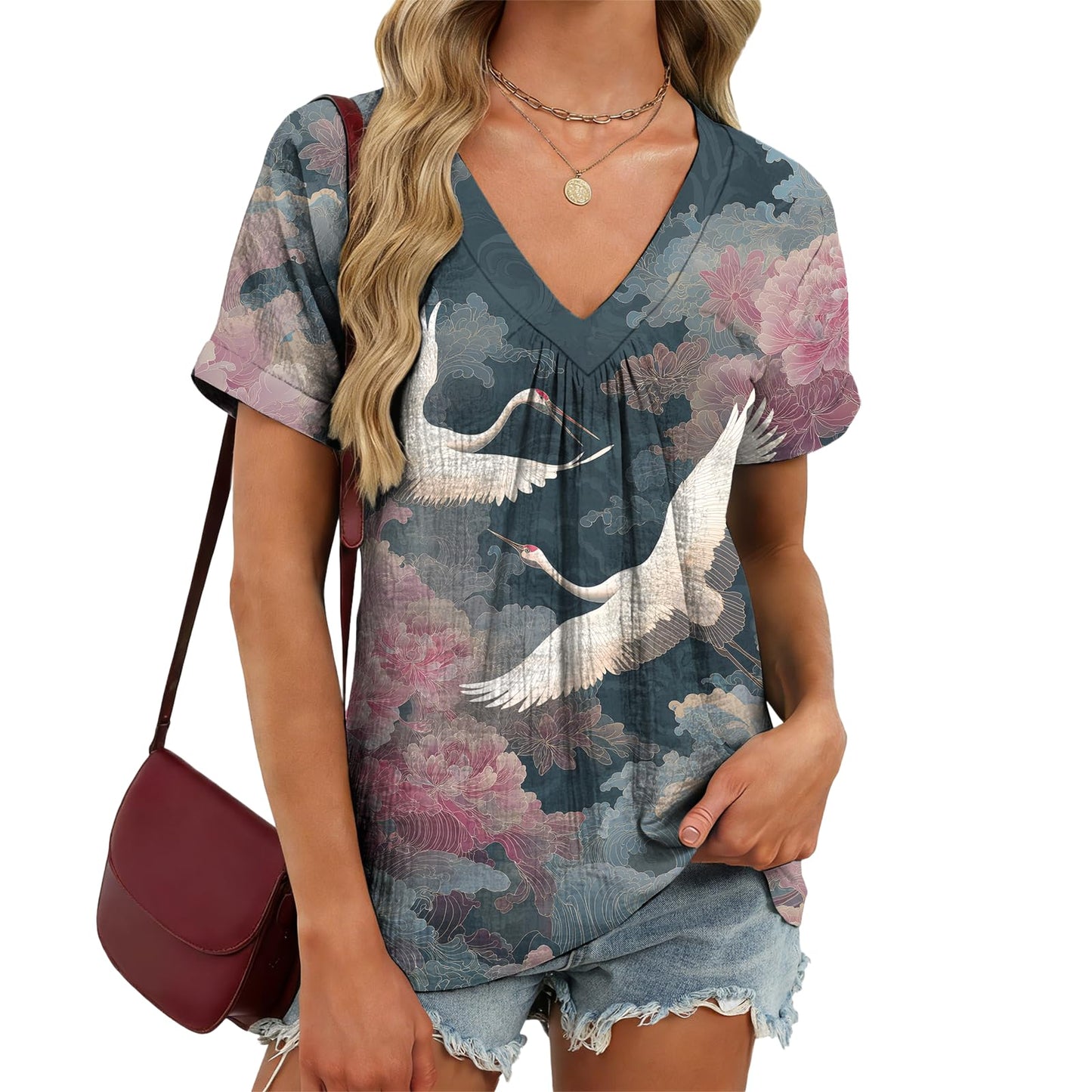 domirica Japanese Print Blouse Women V Neck Short Sleeve Lightweight Breathable Summer Casual Soft Comfy Tops 2026