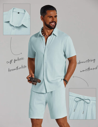 COOFANDY Men's 2 Piece Outfit Casual Short Sleeve Button Down Shirt and Beach Shorts Set Summer Vacation Outfits for Men