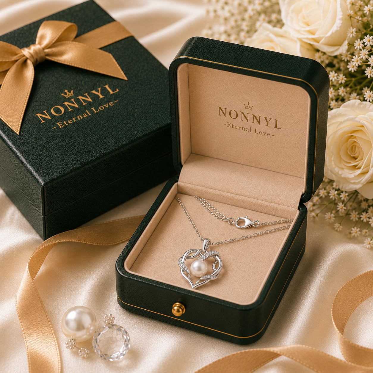 NONNYL Christmas Birthday Gifts for Women- Pearl- Heart Necklace- Wife Mom Girlfriend Her- Anniversary Mothers Day Valentine's Jewelry Gifts Real 9-10mm Pearl Pendant