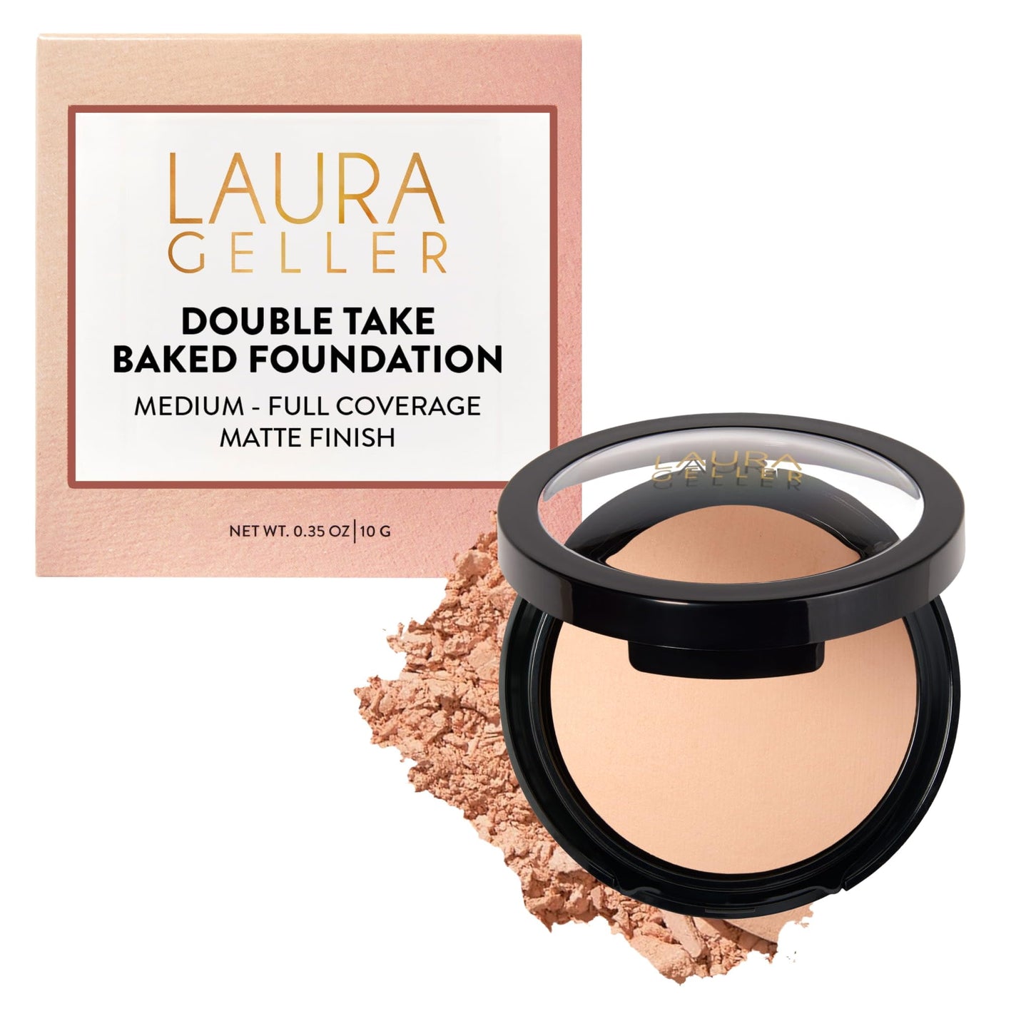 LAURA GELLER NEW YORK Baked Double Take Powder Foundation – Longwear Buildable Medium to Full Coverage – Matte Finish – Non-Caking Formula – Handmade in Italy – Mature & Sensitive Skin – Tan
