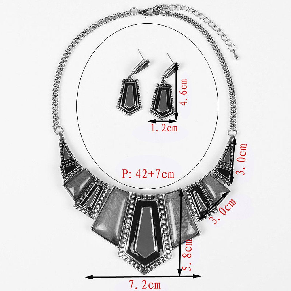 YAZILIND Vintage Ethnic Tibetan Silver Irregular Rhinestone Bib Collar Earrings Necklace Jewelry Set