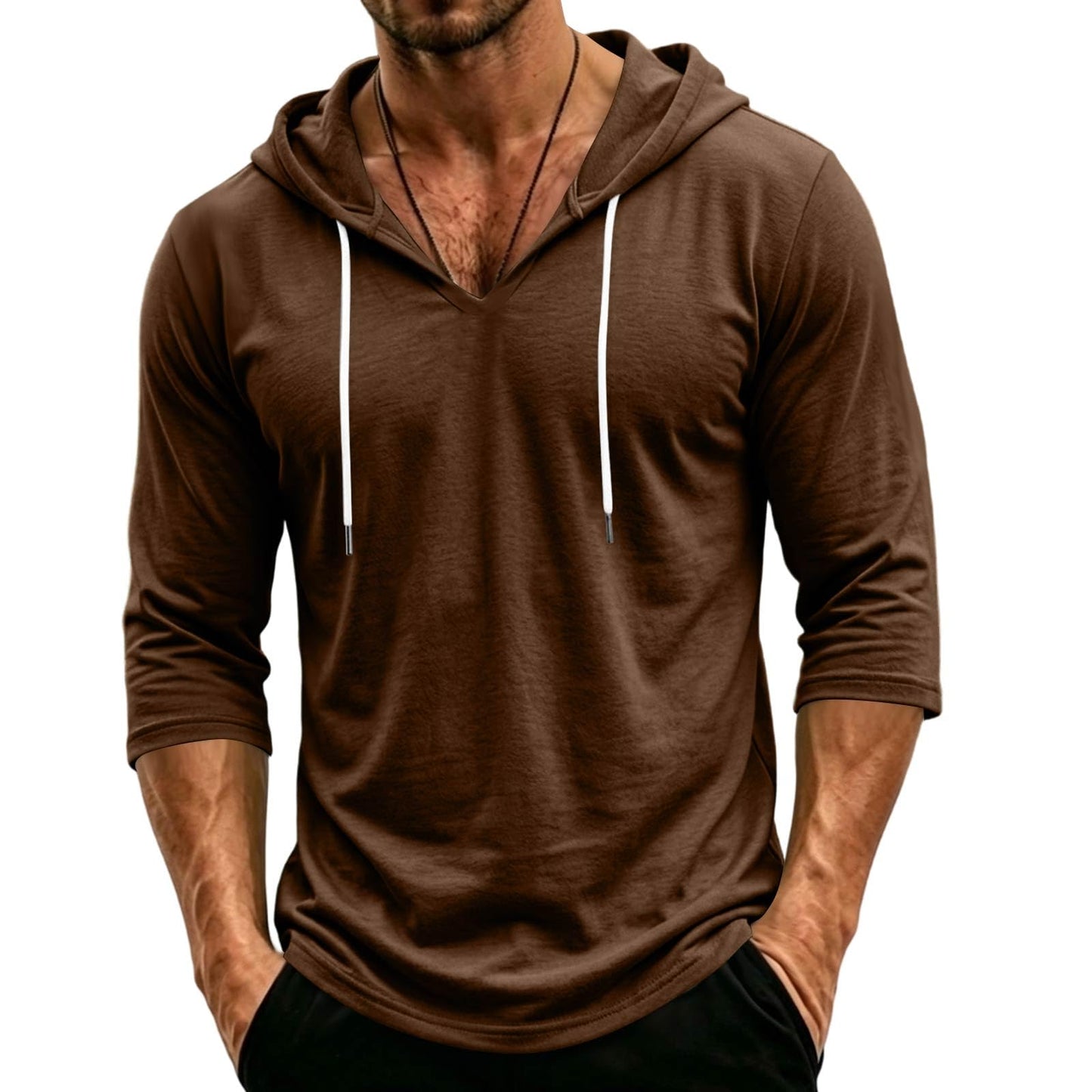 Mens Hooded 3/4 Sleeve Pullover Relaxed Fit Casual Lightweight Comfort Top