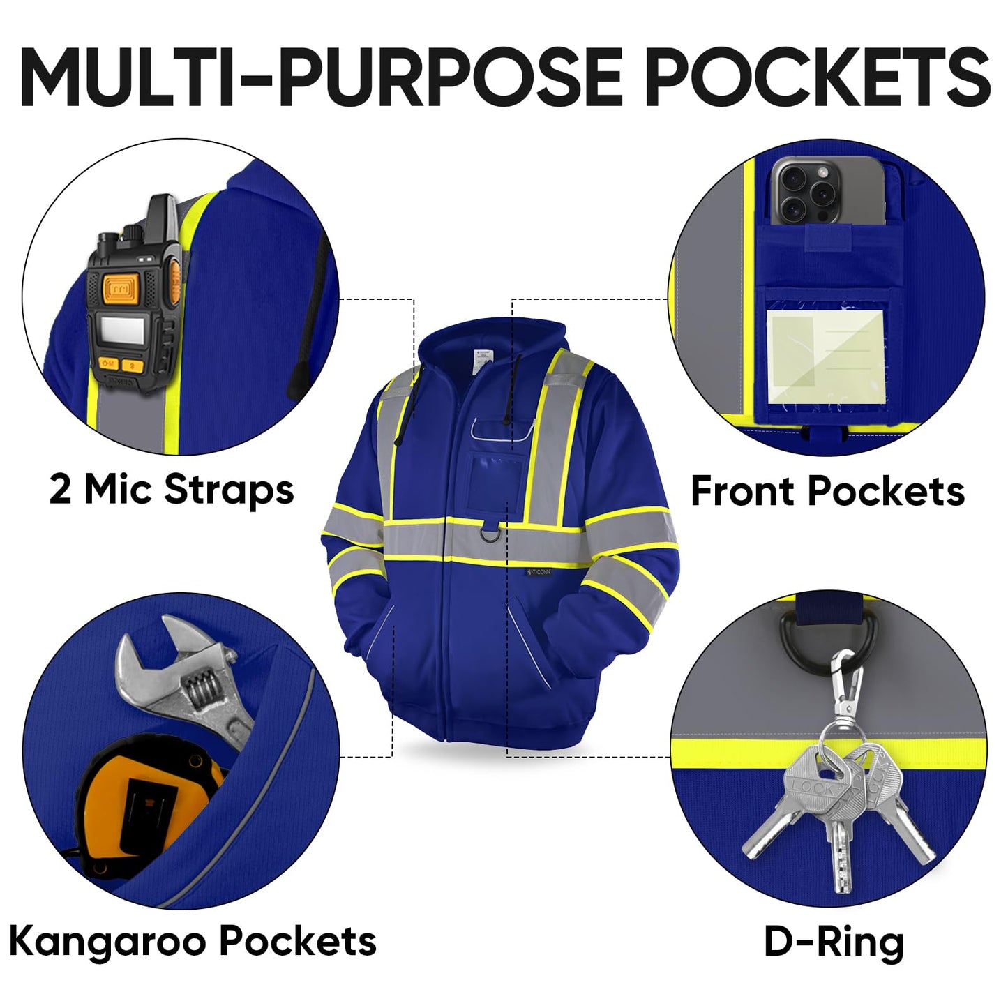 TICONN Safety Hoodie Jacket, High Vis Reflective Safety Fleece Hoodie, PPE Gear for Cold Weather Meet ANSI III