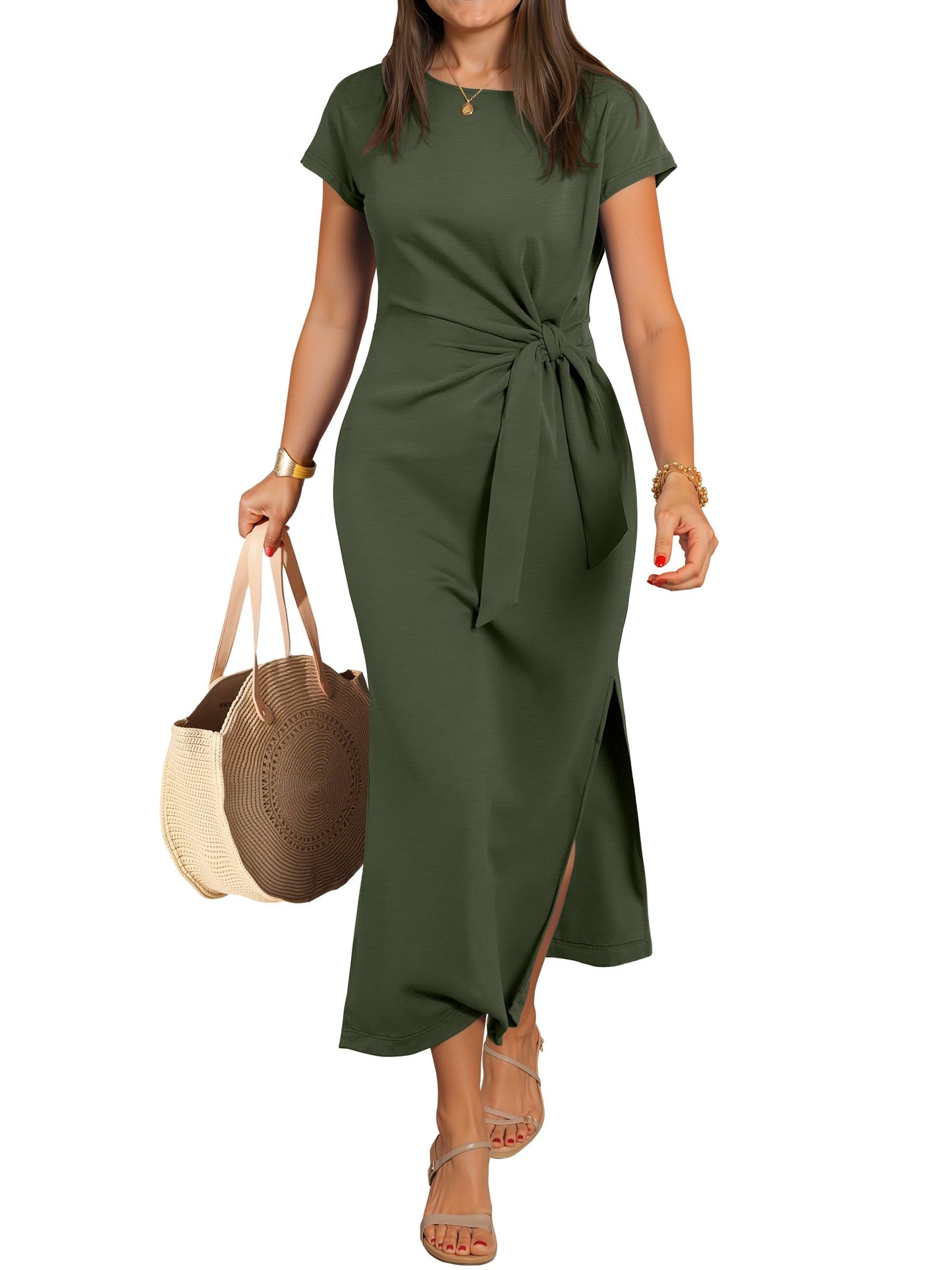 ANRABESS Womens Summer Maxi Dress Casual Crew Neck Tie Waist Split Wrinkle-Free Fit Long Fashion Vacation Dresses 2026 Spring