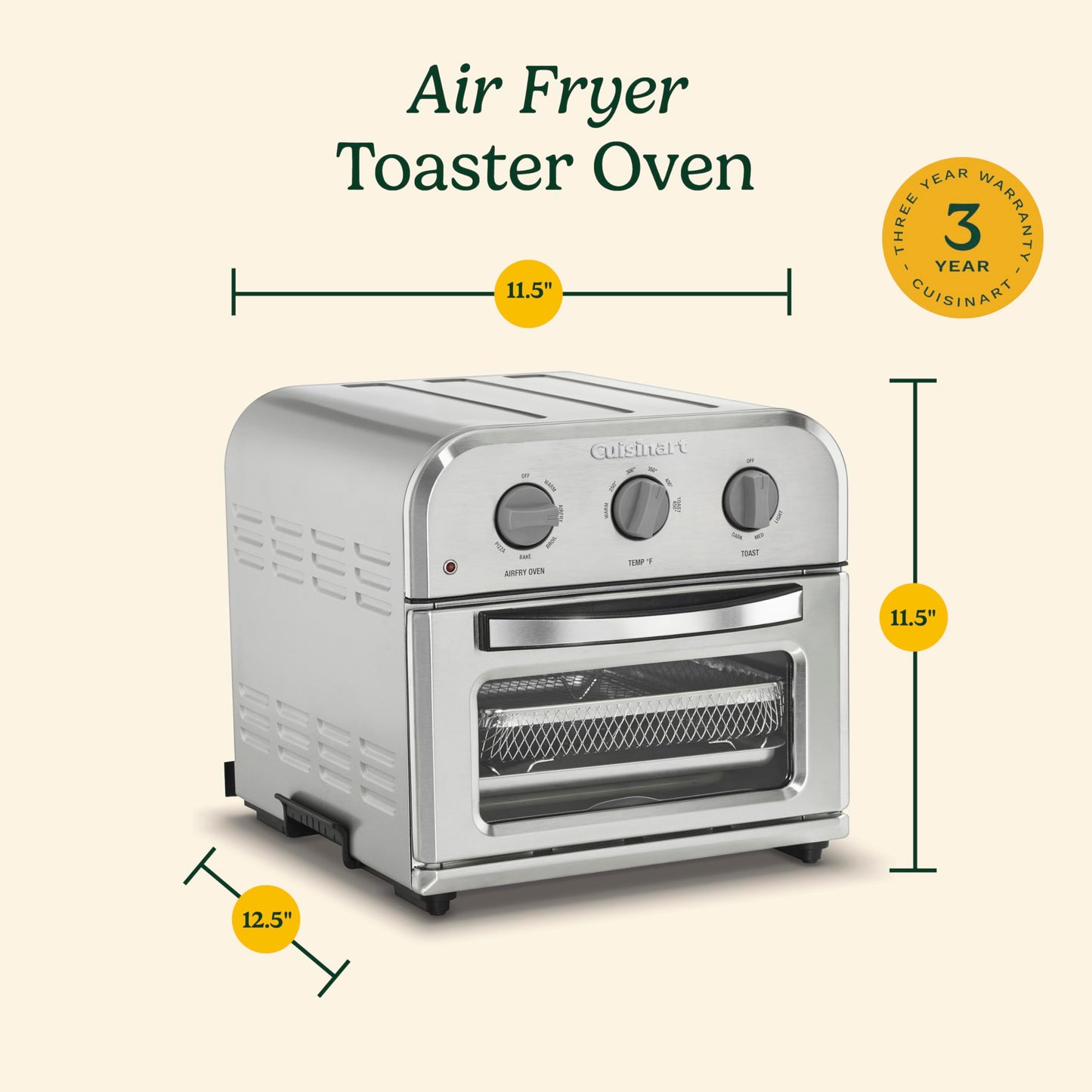 Cuisinart Compact Air Fryer Toaster Oven, Stainless Steel Fryer with 6-in-1 Functions, Adjustable Temperature, Includes Oven Rack, Baking Pan and Air Fry Basket, TOA-26