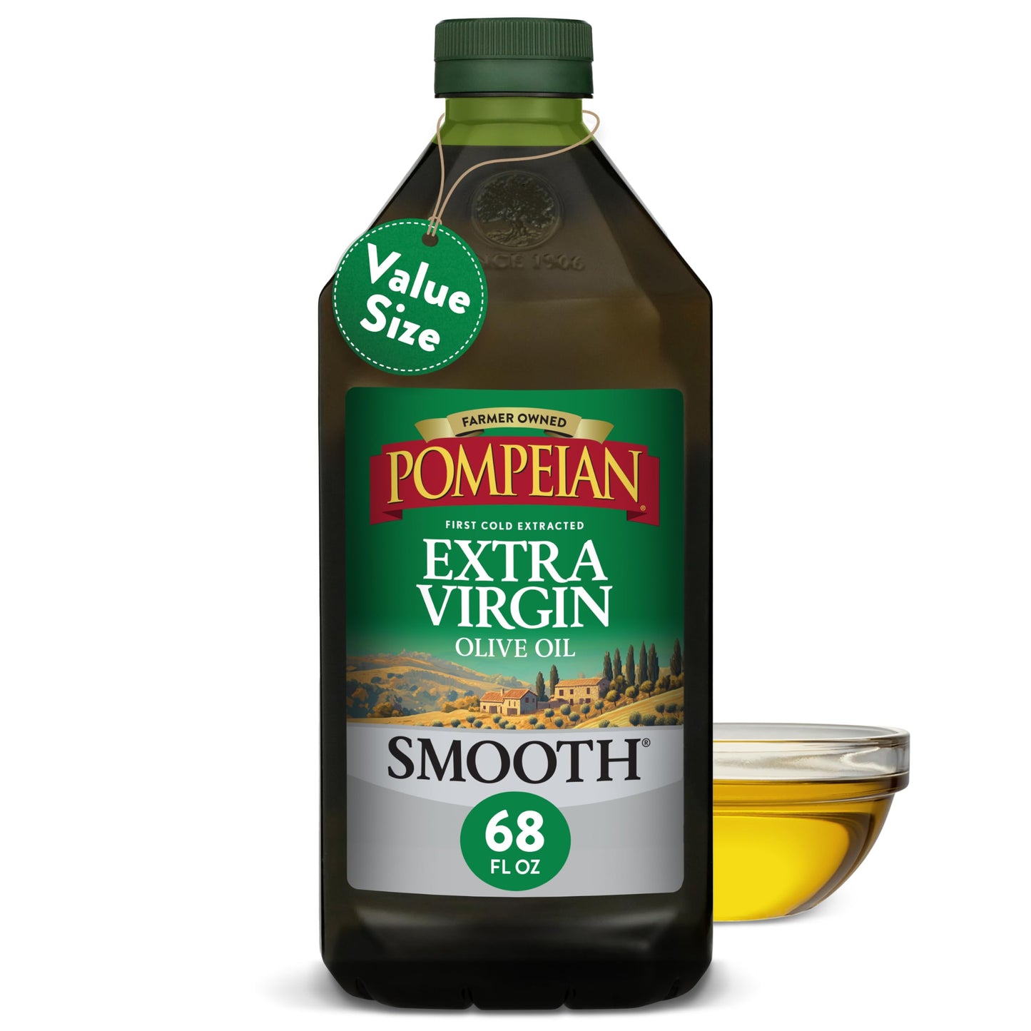 Pompeian Smooth Extra Virgin Olive Oil - 68 fl oz (2 L) First Cold Pressed Olive Oil for Cooking - Smooth Taste for Sauteing, Stir-Frying, and Baking - Value Size