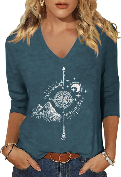 Womens V Neck Flowers Shirts Boho Floral Printed T-Shirt Vintage Graphic Tee Summer Casual Cute 3/4 Sleeve Tops