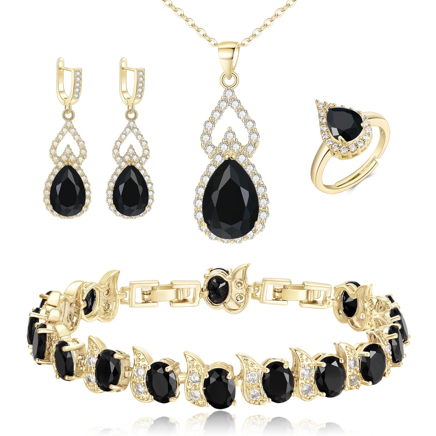 BriLove Wedding Jewelry Set for Women Bride Bridesmaid | Gorgeous Cubic Zirconia Teardrop Necklace Earrings Bracelet Adjustable Ring Jewelry Gift for Birthday/Anniversary