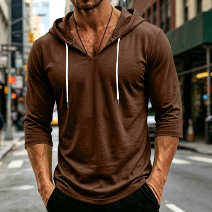 Mens Hooded 3/4 Sleeve Pullover Relaxed Fit Casual Lightweight Comfort Top