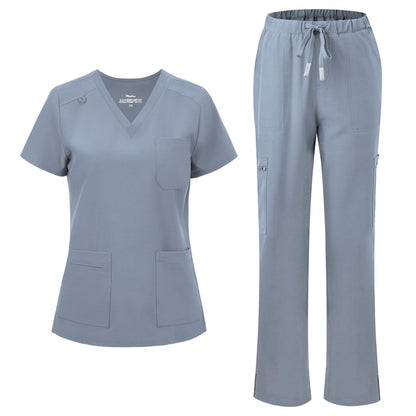 floralhue Scrubs for Women, V-Neck Straight Leg Pants with 12 Pockets | Slit Hem Cargo Pant Storage, Yoga Waistband, Water Resistance, For Nurses, Clinics, Long Shifts, Daily Medical Uniforms