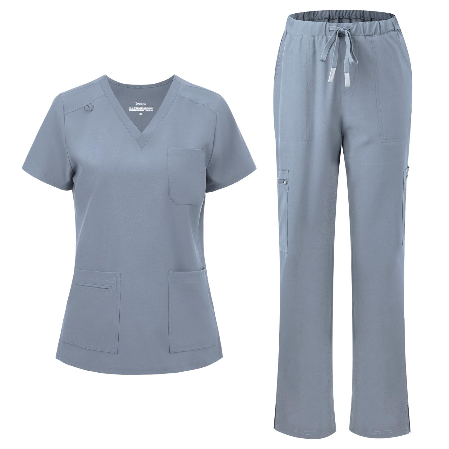 floralhue Scrubs for Women, V-Neck Straight Leg Pants with 12 Pockets | Slit Hem Cargo Pant Storage, Yoga Waistband, Water Resistance, For Nurses, Clinics, Long Shifts, Daily Medical Uniforms