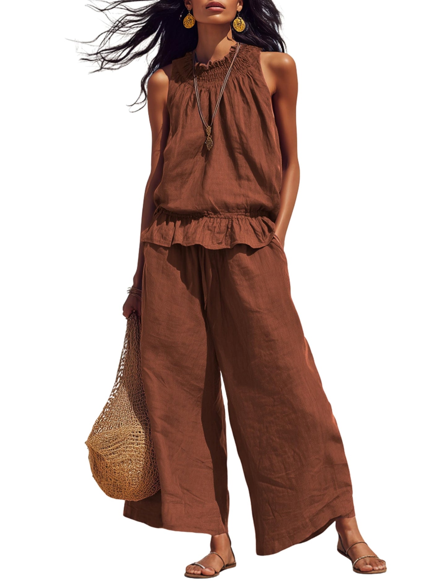 Tanming Women's Linen 2 Piece Outfits Sleeveless Ruffle Top Wide Leg Pants Summer Loungewear Beach Travel Sets