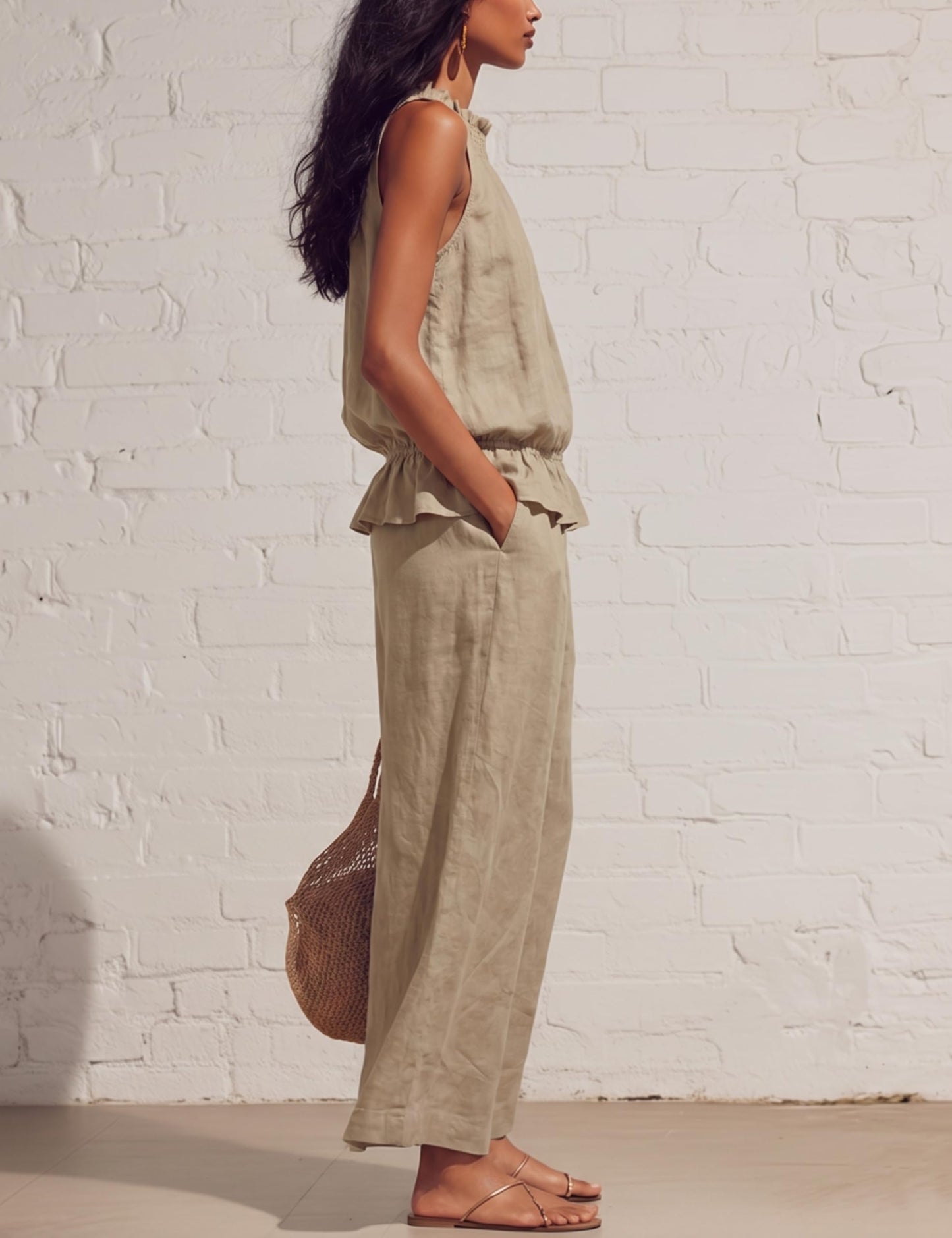 Tanming Women's Linen 2 Piece Outfits Sleeveless Ruffle Top Wide Leg Pants Summer Loungewear Beach Travel Sets