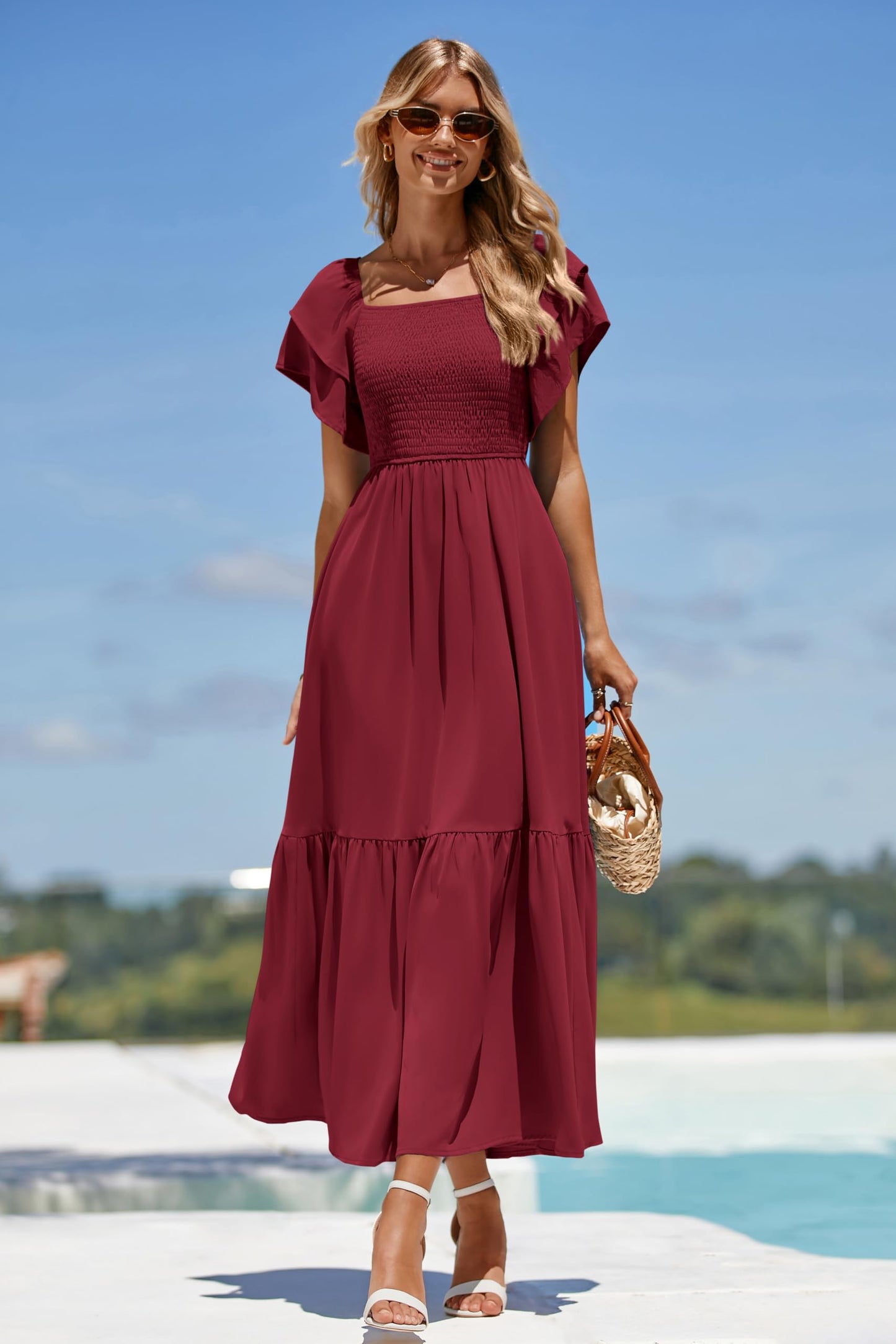 MASCOMODA Womens Summer Casual Midi Dress Square Neck Ruffle Short Sleeve Smocked High Waist A Line Wedding Guest Dresses