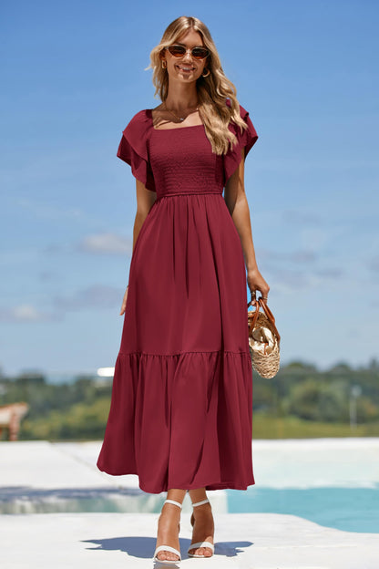 MASCOMODA Womens Summer Casual Midi Dress Square Neck Ruffle Short Sleeve Smocked High Waist A Line Wedding Guest Dresses